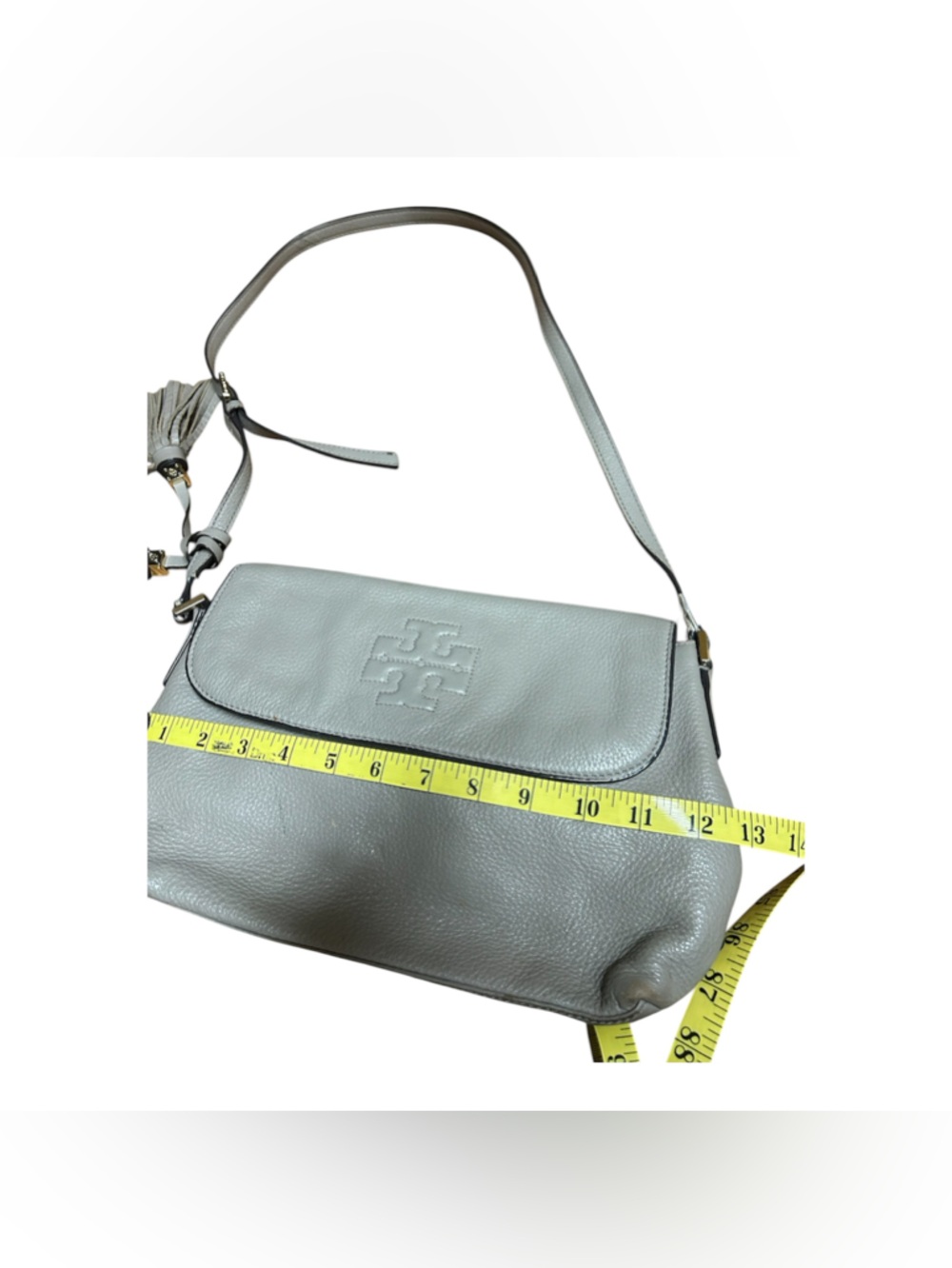 Tory Burch Light Gray Pebbled Leather Shoulder Bag with Tassels - Picture 3 of 8